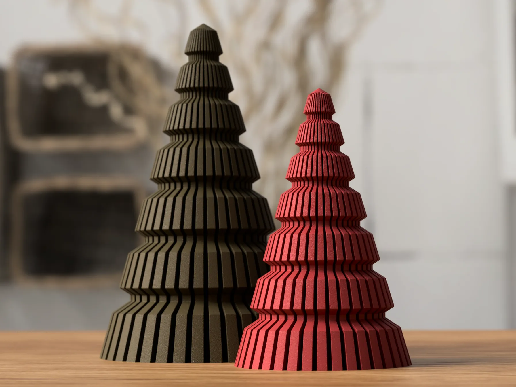 [NML-DESI-LYS-ROE-003] Japandi Juletræer – Moderne 3D-printet julepynt (Rød, Uden LED Lys, 127 mm)